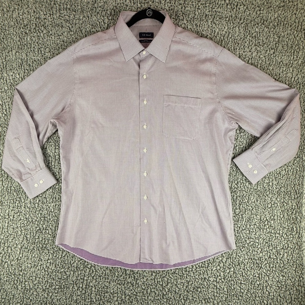 E.B. Wood Mens Dress Shirt 17.5 34/35 Purple White Non Iron Cotton